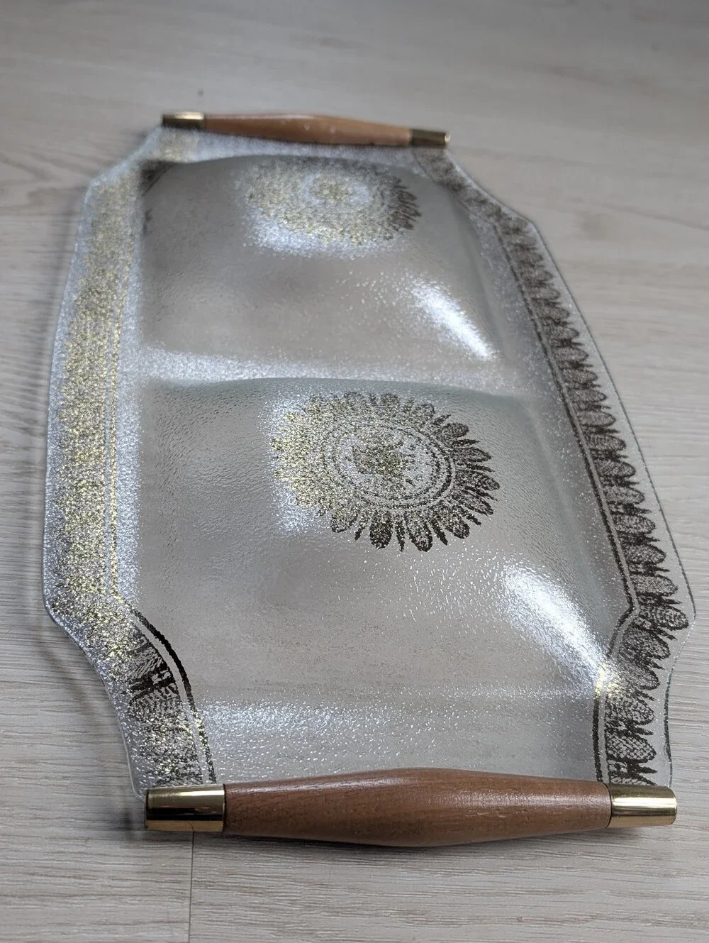 Vintage Georges Briard Glass Tray, Teak Handles, Gold & Brown Design.